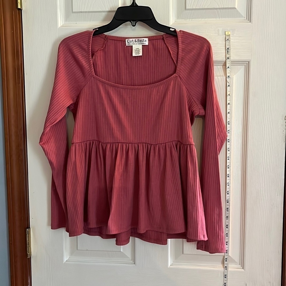 Cut & Paste, pink rose, ribbed, long sleeve, blouse, size large.